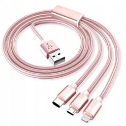 Kabel pleciony 3w1 Ładowarka iPhone + Micro USB + Typ - C - Różowy