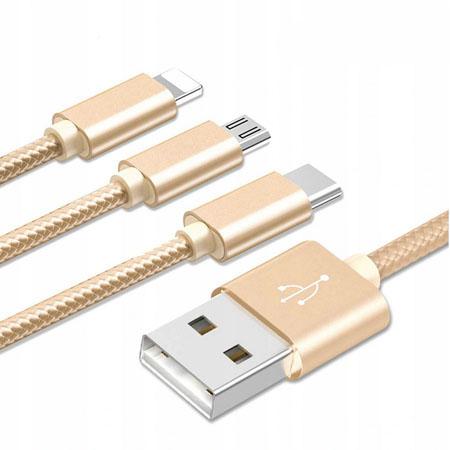 Kabel pleciony 3w1 Ładowarka iPhone + Micro USB + Typ - C - Złoty
