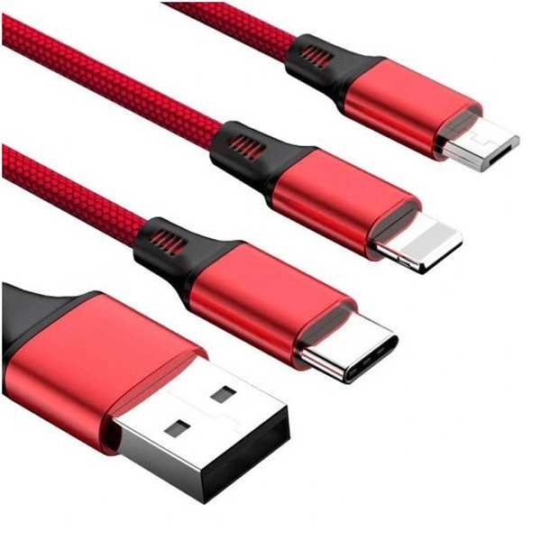 Kabel pleciony 3w1 Ładowarka iPhone + Micro USB + Typ - C - Czerwony