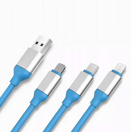 Kabel pleciony 3w1 - Ładowarka iPhone + Micro USB + Typ-C - Niebieski